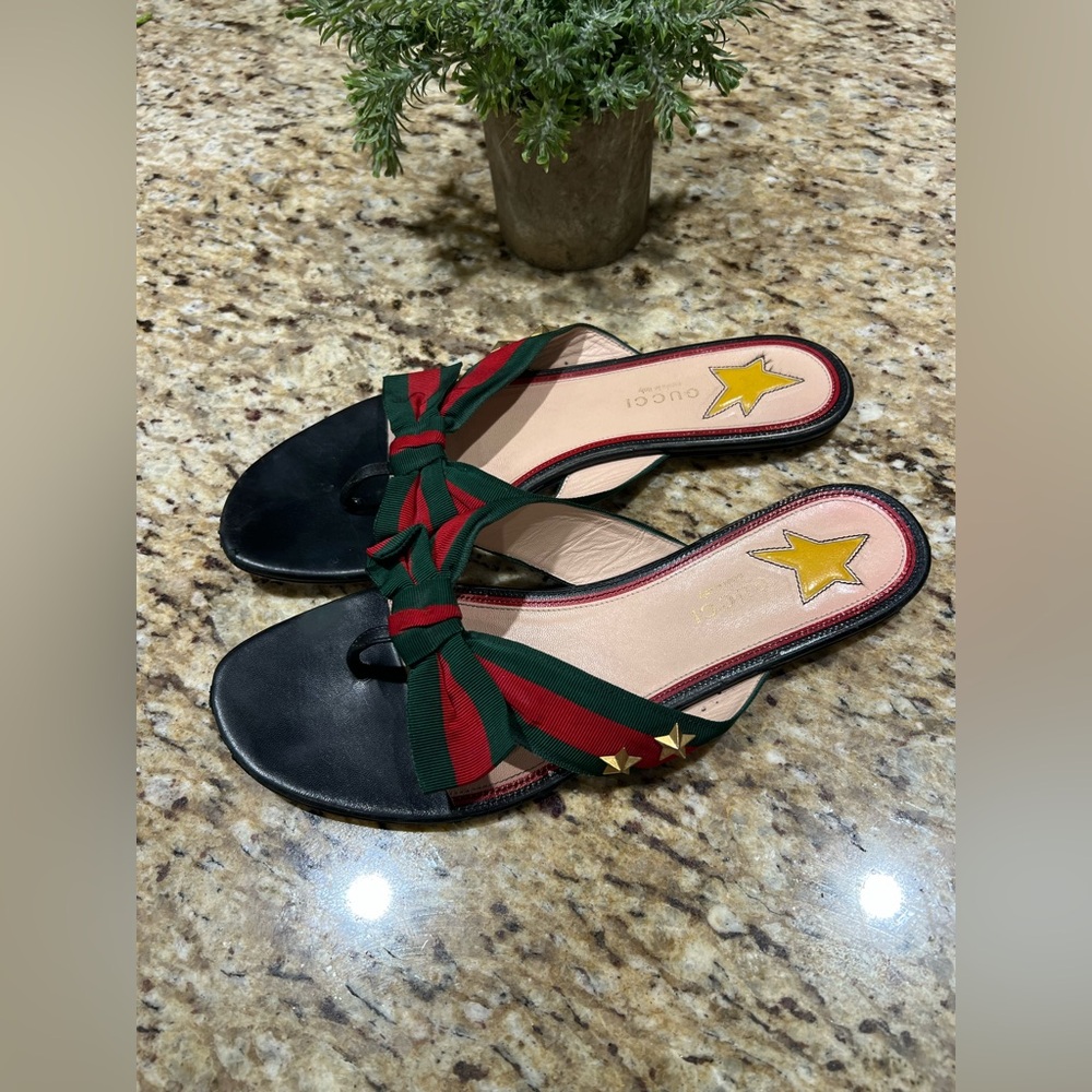 Gucci Tricolor Red Green Canvas Web Aline Thong Sandals 39.5